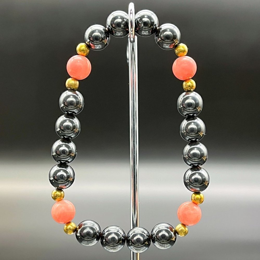 Black Hematite Coral Agate Stretch Bracelet | Handmade - Picture 6 of 6